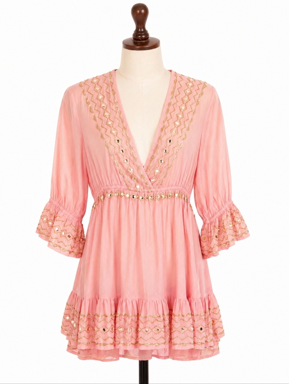 Pranella Embellished Coral V-Neck Boho Babydoll Mini Dress Resortwear Sz S/M